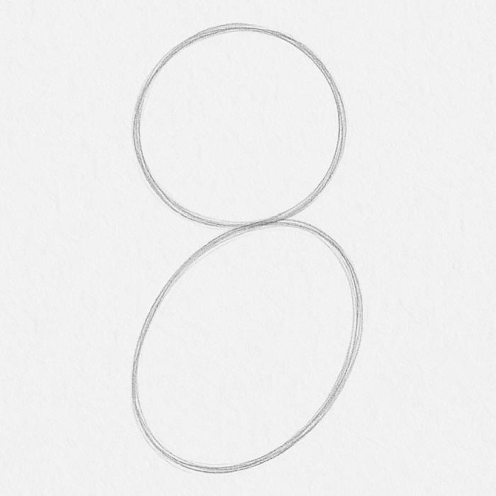 Step 1 of drawing a puppy: Two overlapping ovals sketched in pencil, forming the basic shapes for the head and body.