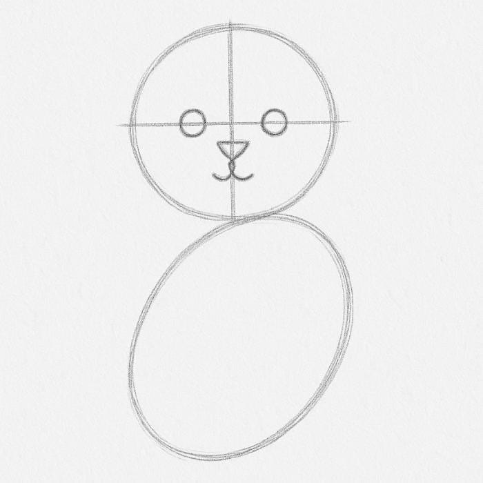 Step 2 of drawing a puppy: Face details added to the top circle, including eyes, nose, mouth, and guideline crosses for alignment