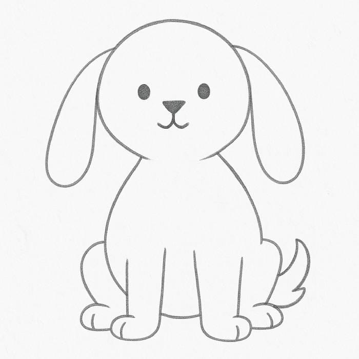 Step 4 of drawing a puppy: Clean final outline with added tail, refined face, and removed guidelines, forming a complete cartoon puppy.