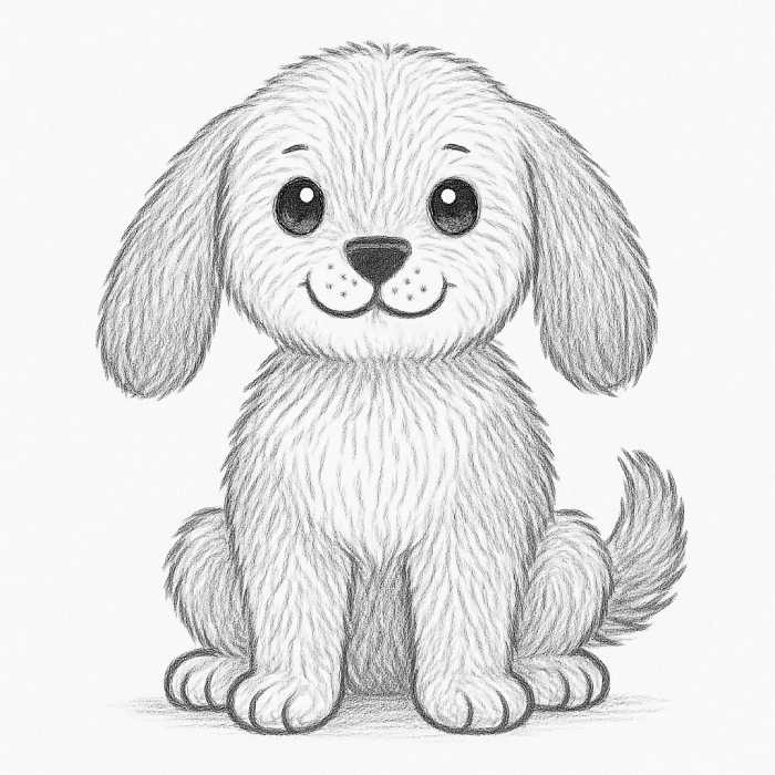 Step 5 of drawing a puppy: Final details added with fur texture, shiny eyes, and refined facial features, bringing the cartoon puppy to life.