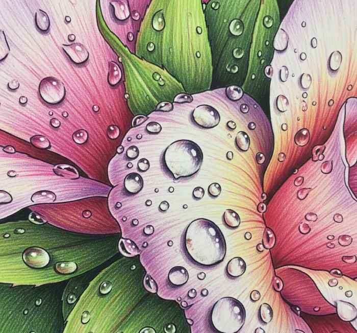 Close-up artwork of pink and green flower petals covered in realistic water droplets with detailed shading and highlights.