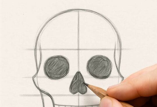 Human draw skull on cream-colored paper, showing detailed outlines, shaded eye sockets, and guide lines