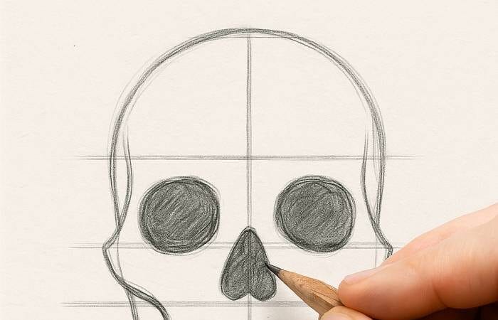 Human draw skull on cream-colored paper, showing detailed outlines, shaded eye sockets, and guide lines