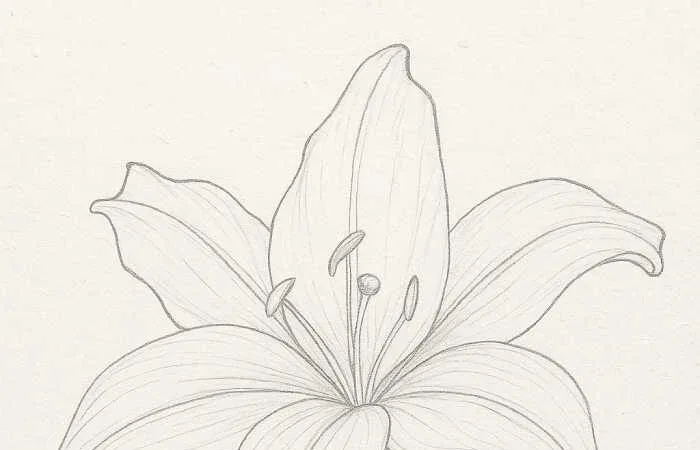 Pencil sketch of a lily flower with six petals, visible stamens, and two leaves, showing refined outlines and shading in the second step of the drawing.