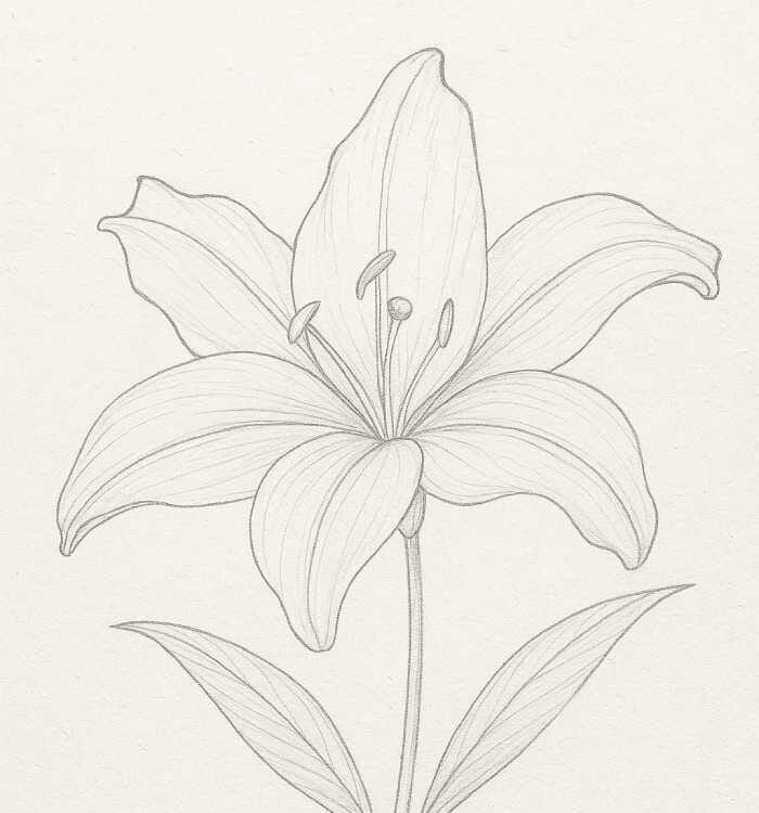 Pencil sketch of a lily flower with six petals, visible stamens, and two leaves, showing refined outlines and shading in the second step of the drawing.