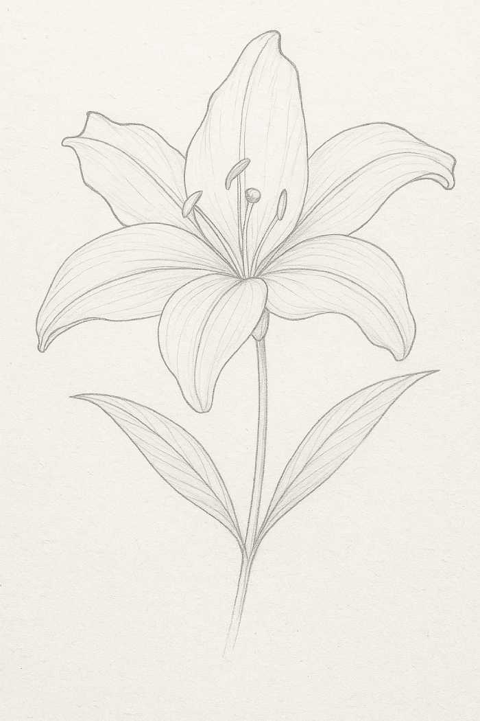 Pencil sketch of a lily flower with six petals, visible stamens, and two leaves, showing refined outlines and shading in the second step of the drawing.