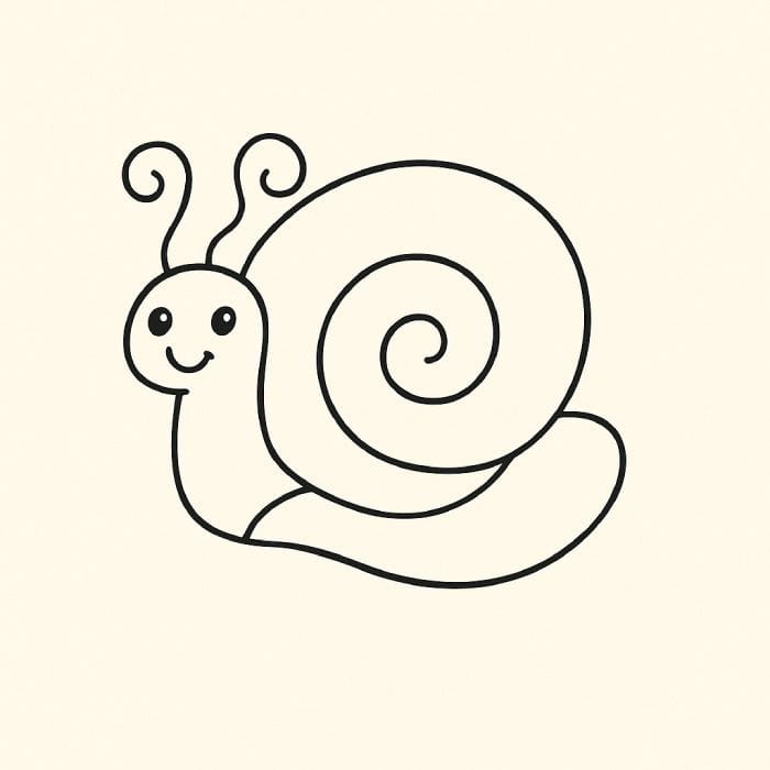 Black outlined drawing of a smiling snail with a spiral shell and long curly antennae