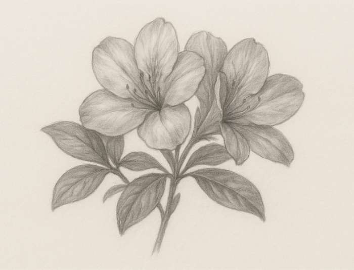 Realistic pencil drawing of azalea flowers with detailed petals and leaves.