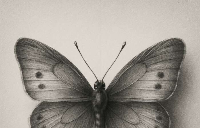 Realistic butterfly drawing with detailed wings, lifelike shading, and symmetrical patterns in pencil or color