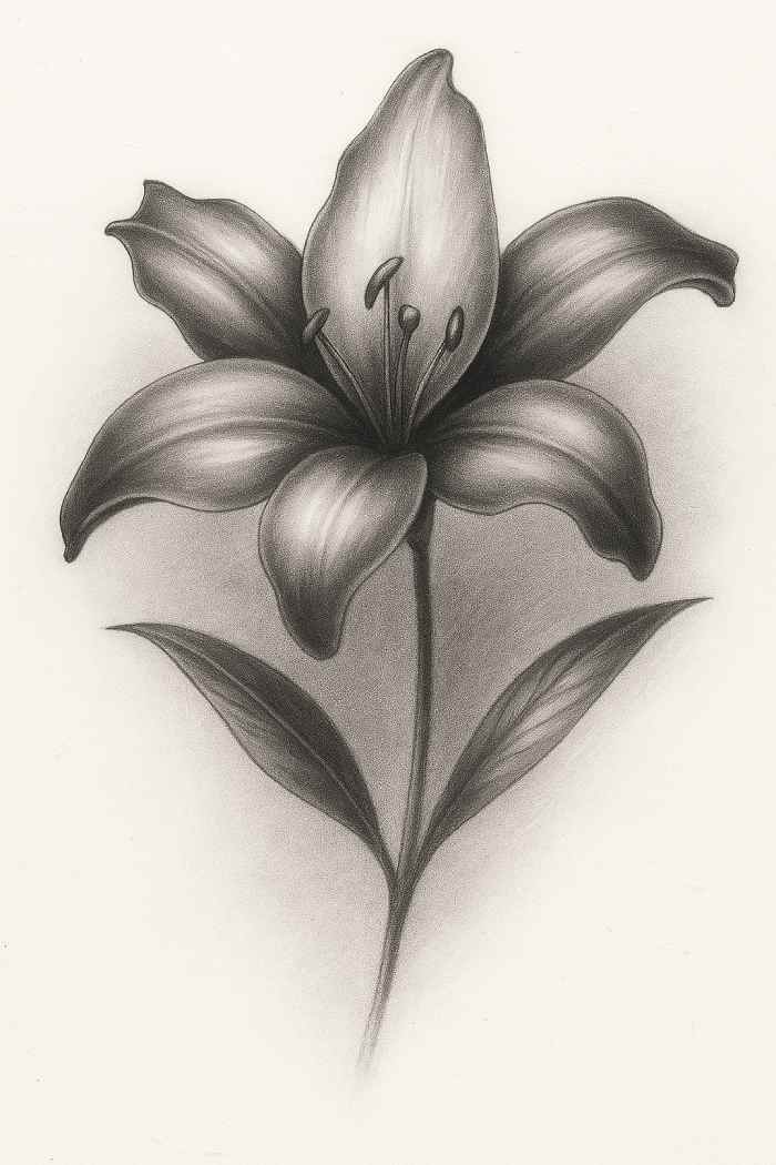 Realistic pencil drawing of a lily flower with six shaded petals, visible stamens, and two leaves, showing smooth gradients and detailed texture for a lifelike effect.
