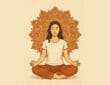 A serene woman meditating in a cross-legged position with eyes closed, sitting peacefully in front of an intricate mandala design in the background.