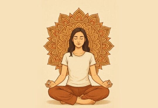 A serene woman meditating in a cross-legged position with eyes closed, sitting peacefully in front of an intricate mandala design in the background.