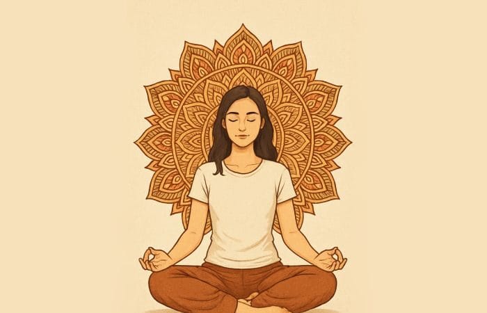 A serene woman meditating in a cross-legged position with eyes closed, sitting peacefully in front of an intricate mandala design in the background.