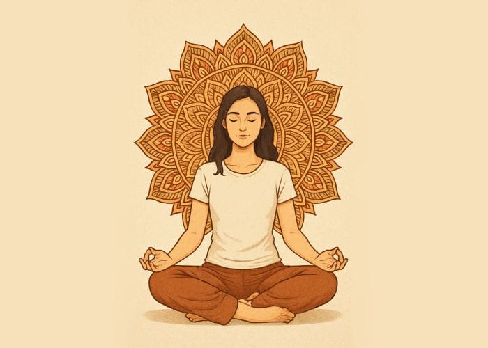 A serene woman meditating in a cross-legged position with eyes closed, sitting peacefully in front of an intricate mandala design in the background.