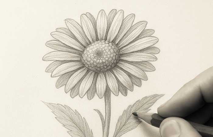 A realistic pencil drawing of an aster flower on textured paper