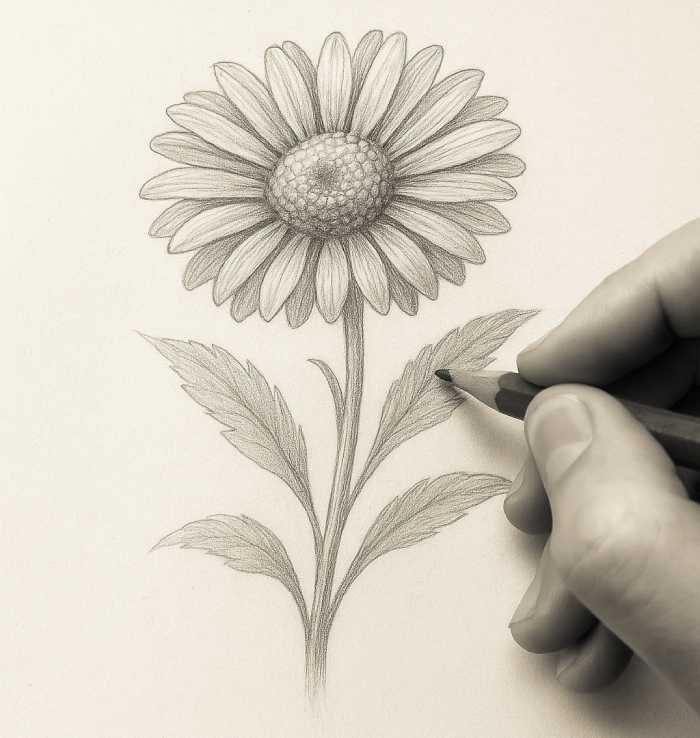 A realistic pencil drawing of an aster flower on textured paper