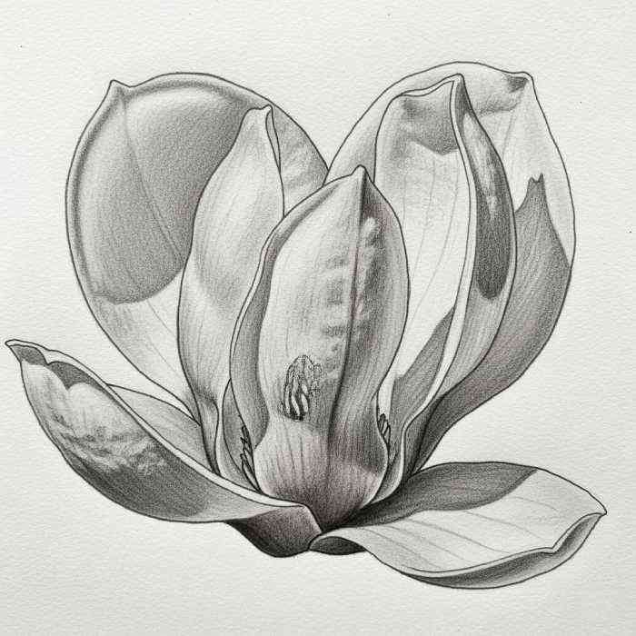 Realistic pencil drawing of a magnolia blossom with layered petals and detailed shading