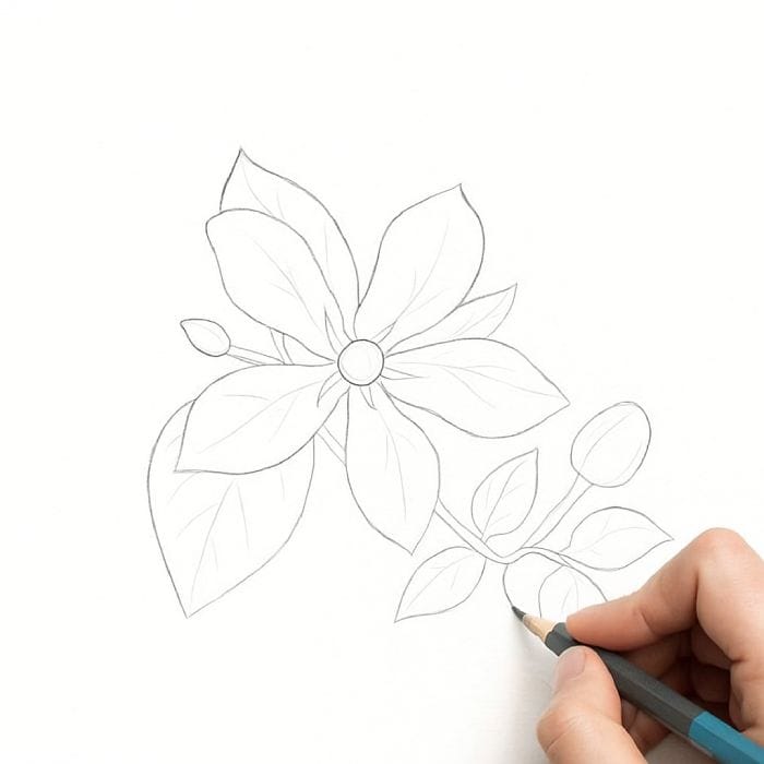 Realistic jasmine flower drawing with detailed petals, leaves, and buds sketched in pencil.