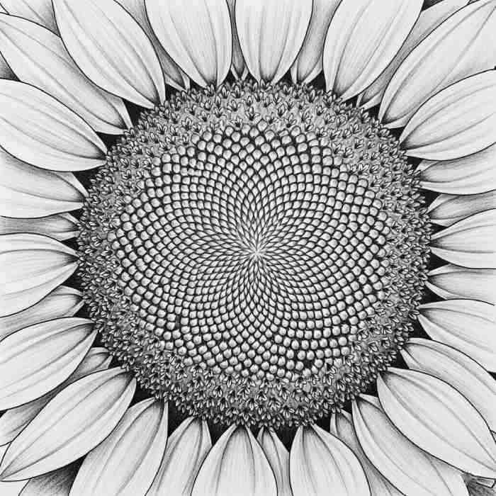Detailed black and white drawing of a sunflower with intricate seed patterns and layered petals