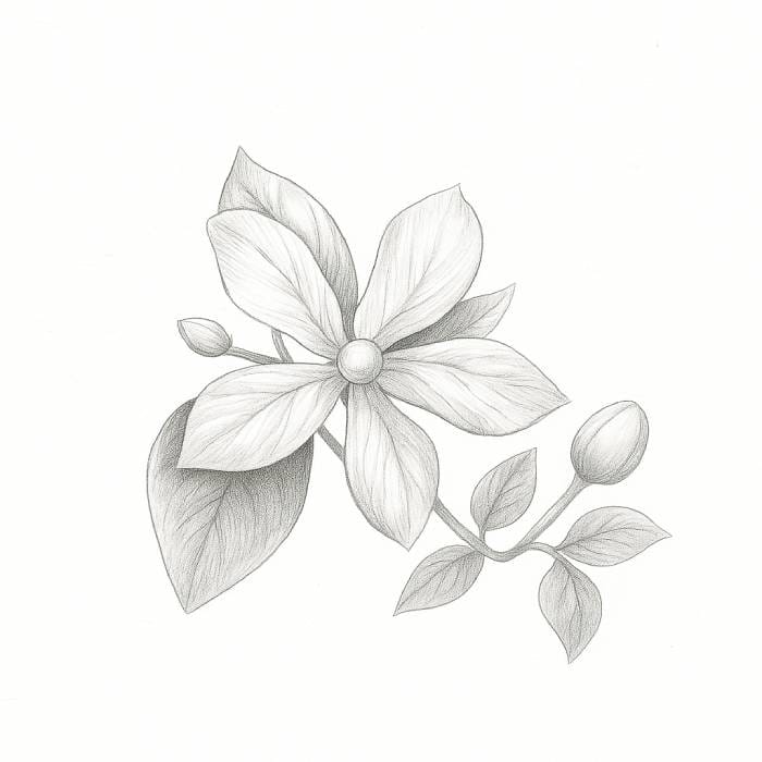 Realistic pencil shading of a flower with five petals, detailed leaves, and two buds on stems, step 4 of a flower drawing tutorial.