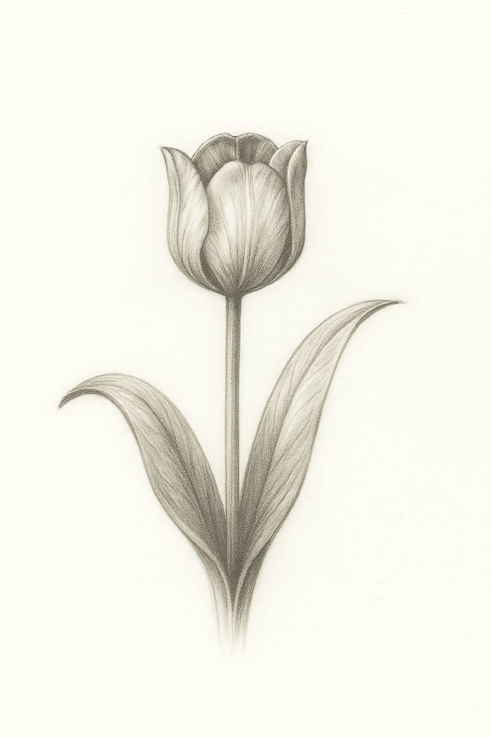 Realistic pencil drawing of a tulip with detailed petal lines and highlights, showing the final step in creating a lifelike tulip sketch.