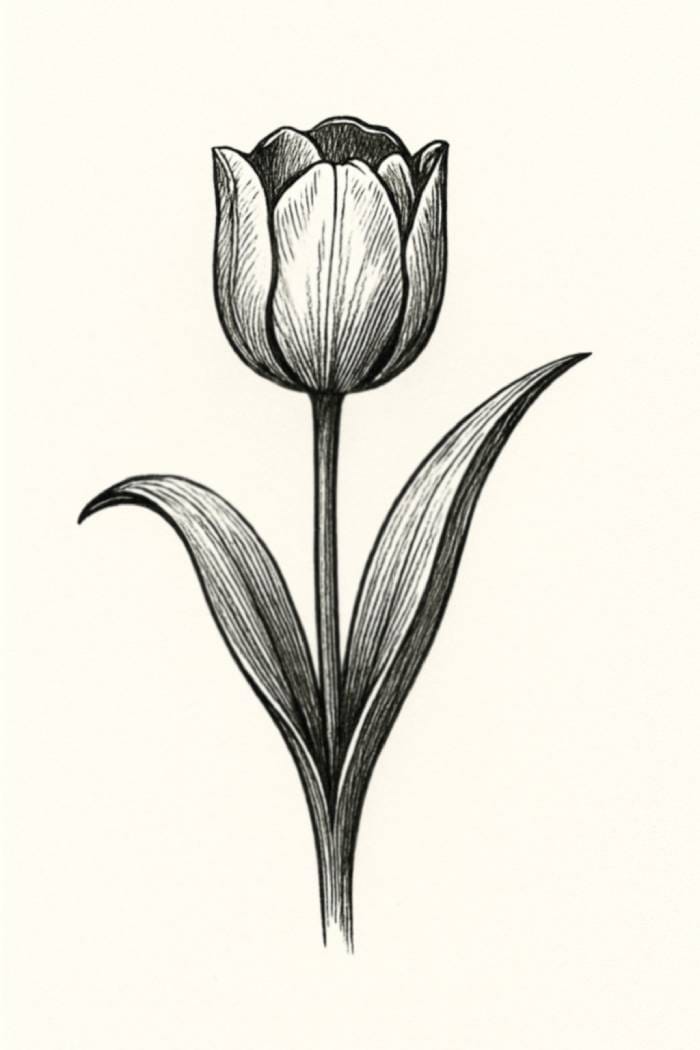 Ink sketch of a tulip with bold outlines and detailed petals, stem, and leaves, showing the tulip flower drawing technique using ink.