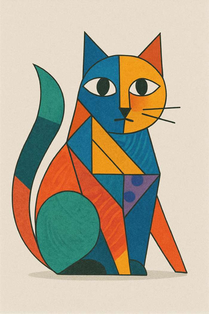 Colorful abstract geometric illustration of a cat made up of bold shapes in blue, orange, yellow, green, and purple.
