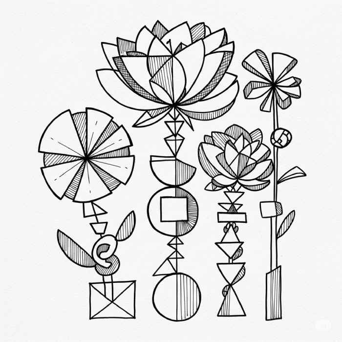 Abstract black and white drawing of flowers created with geometric shapes including circles, triangles, and squares.