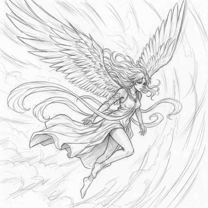 Anime angel flying through the sky with large detailed wings, flowing dress, and dramatic motion in pencil sketch style