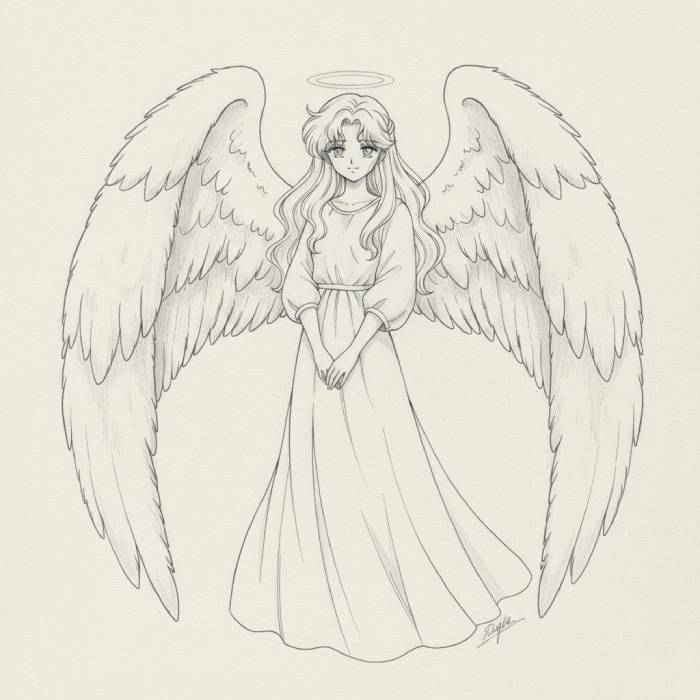 Hand-drawn anime angel girl with soft feathered wings, halo, and flowing dress in pencil sketch style