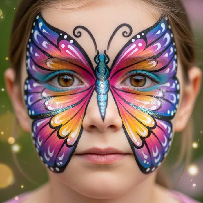 Colorful butterfly face painting with glitter at festival