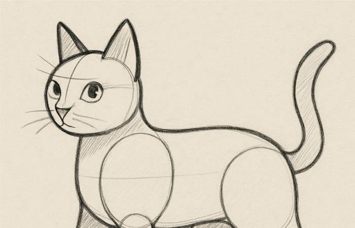 Cartoon-style cat drawing with construction lines showing basic shapes and proportions for sketching.