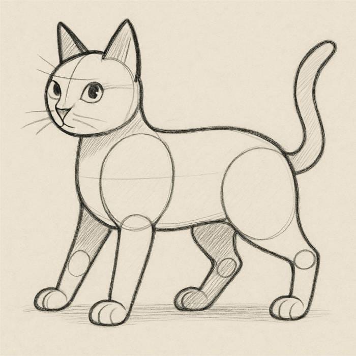 Cartoon-style cat drawing with construction lines showing basic shapes and proportions for sketching.