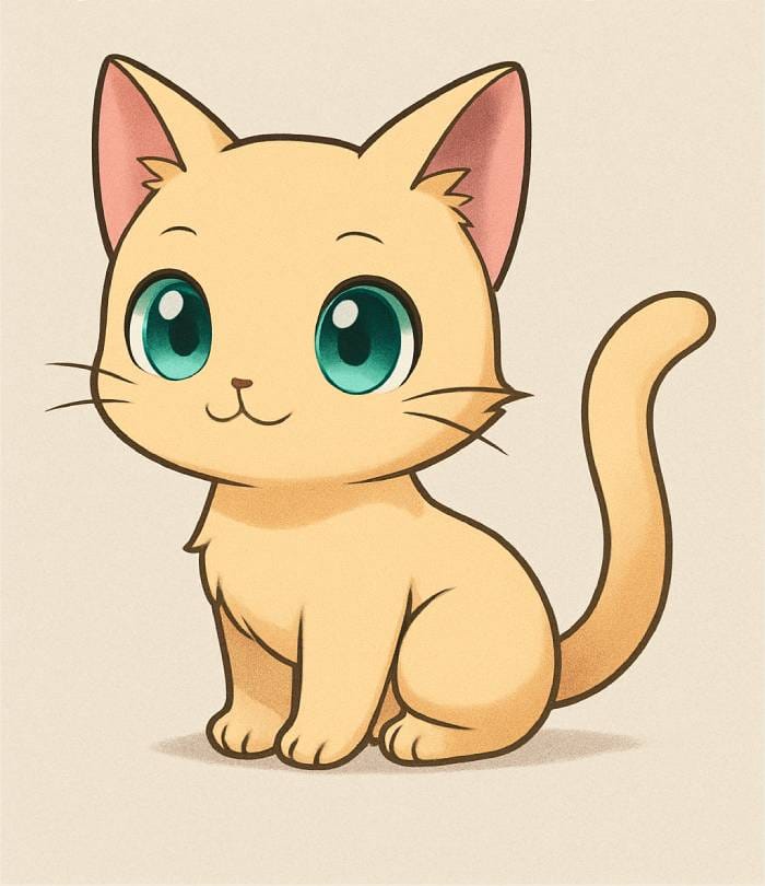 Cute anime style illustration of a yellow cat with big teal eyes, sitting with its tail curled.