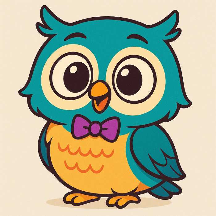 Cute cartoon owl drawing with large expressive eyes, teal and yellow feathers, and a purple bowtie