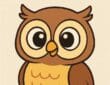 Cute cartoon owl drawing with large round eyes, golden-yellow chest, brown wings, and a small orange beak