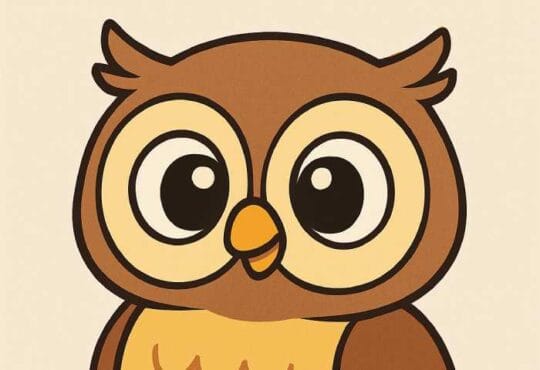 Cute cartoon owl drawing with large round eyes, golden-yellow chest, brown wings, and a small orange beak