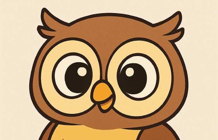 Cute cartoon owl drawing with large round eyes, golden-yellow chest, brown wings, and a small orange beak