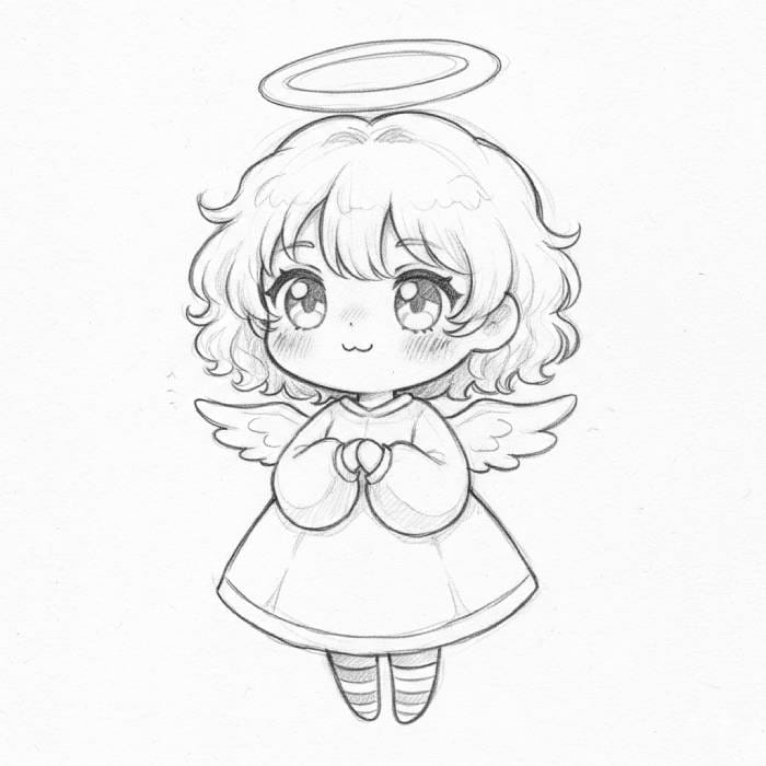 Cute chibi anime angel with halo, small wings, curly hair, and adorable expression in pencil sketch style
