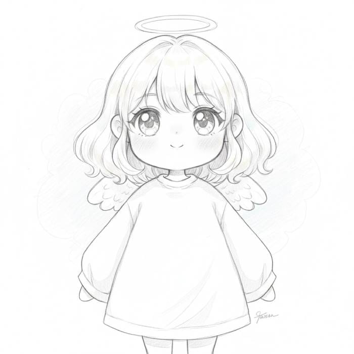 Cute childlike anime angel with halo, small wings, big sparkling eyes, and soft smile in pencil sketch style