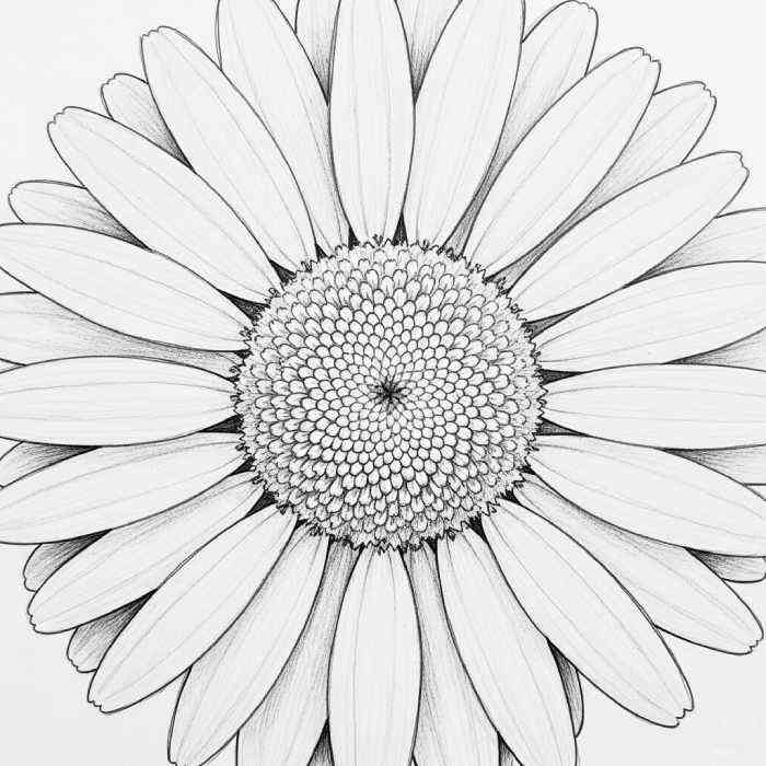Black and white close-up drawing of a daisy flower showing petals and intricate center pattern