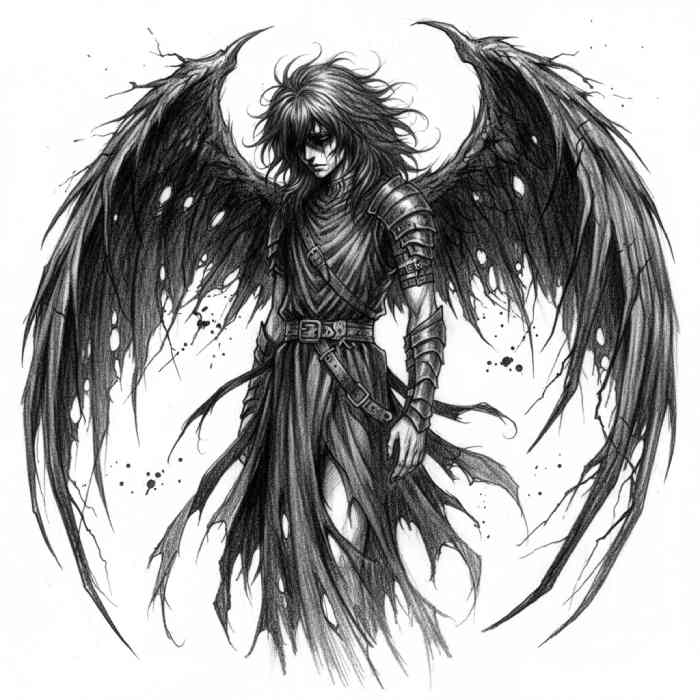 Dark fallen anime angel with torn black wings, flowing hair, and dramatic gothic pencil sketch style