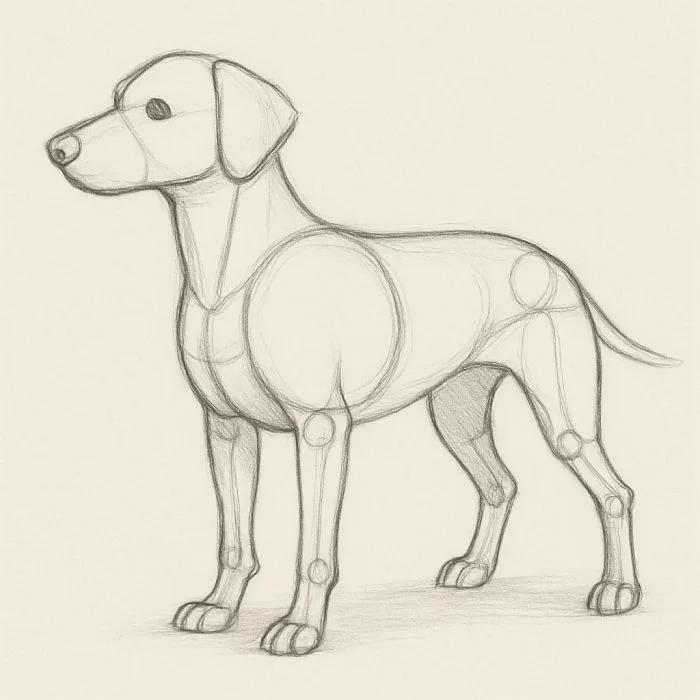 Simple pencil sketch of a dog using basic shapes and guidelines to illustrate anatomy and proportions.