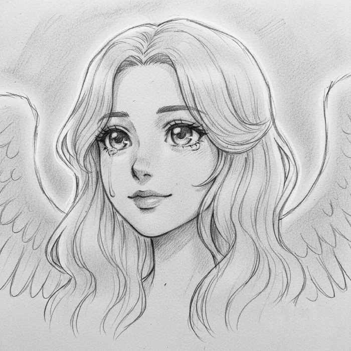 Emotional anime angel girl portrait with wings, teary eyes, and soft flowing hair in detailed pencil sketch style