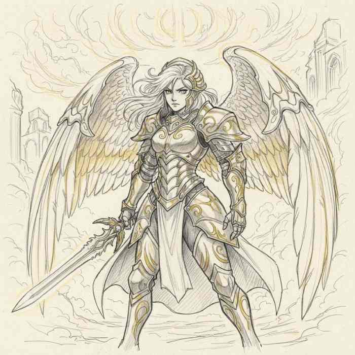 Powerful anime angel warrior in fantasy armor holding a sword with large feathered wings in detailed pencil sketch style