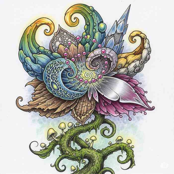 Imaginative artwork of a fantasy inspired flower with creative shapes and vibrant details.