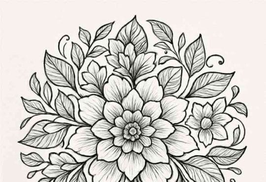 Detailed black and white hand-drawn floral illustration with blooming flowers, leaves, and botanical patterns