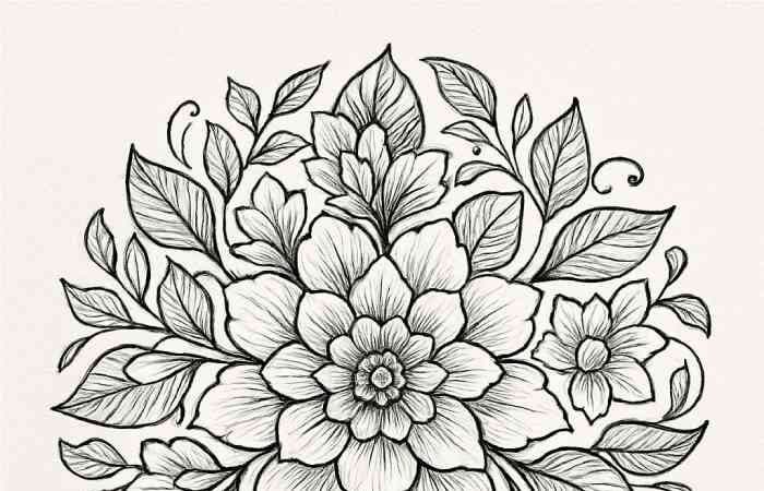Detailed black and white hand-drawn floral illustration with blooming flowers, leaves, and botanical patterns