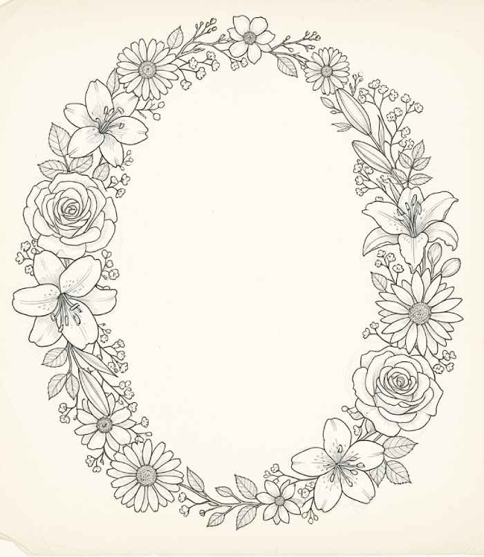 Pencil sketch of an oval floral wreath made of roses, lilies, daisies, and small blossoms surrounding an empty center space.