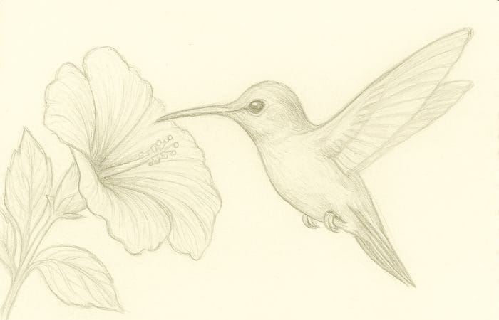 Pencil sketch of a hand drawing a hummingbird hovering near a hibiscus flower with fine details and shading